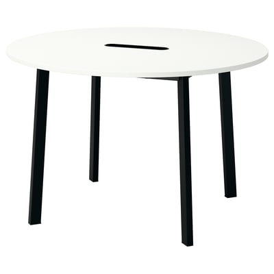 A round white MITTZON conference table with four black metal legs. It has a sleek, modern design.