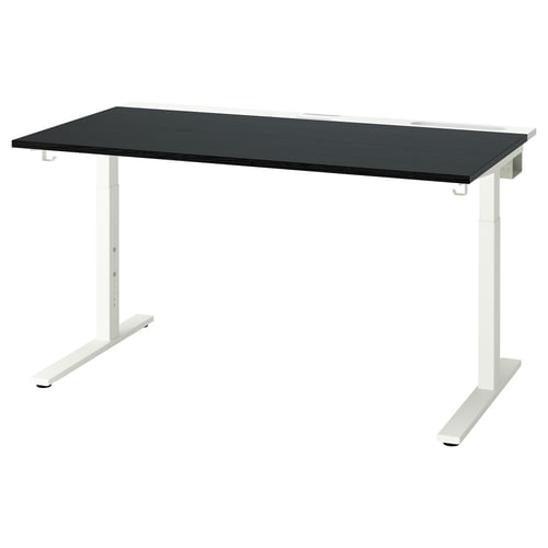 MITTZON desk: black top, white legs. Height-adjustable, modern office desk.