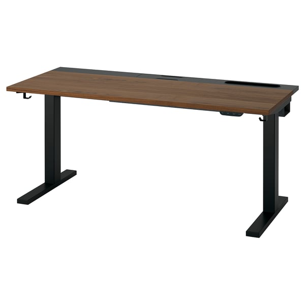MITTZON sit-stand desk: brown top, black base, adjustable height, modern office design.