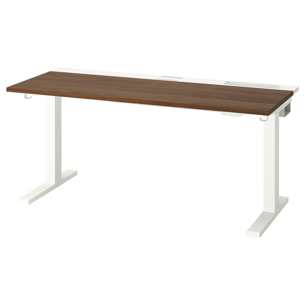 MITTZON desk: brown top, white legs, adjustable height, modern design.