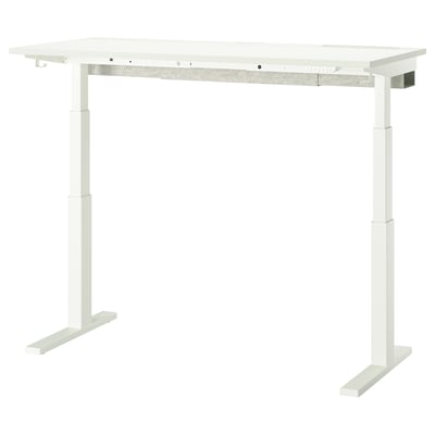 MITTZON white sit-stand desk with dual motor lift, rectangular top, two legs, side hooks, and control panel.