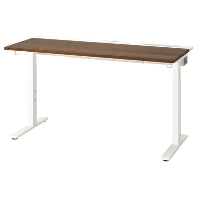 MITTZON adjustable desk, white with walnut top, rectangular shape, sleek design.
