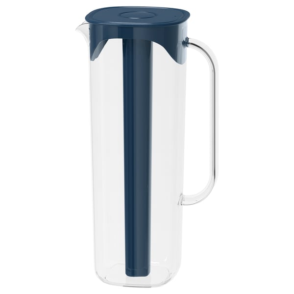 MOPPA blue water jug, clear plastic, with removable freezable insert, handle, simple design.