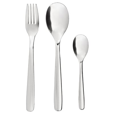MOPSIG stainless steel cutlery - fork, spoon, teaspoon. Sleek, modern design, durable, easy to clean.