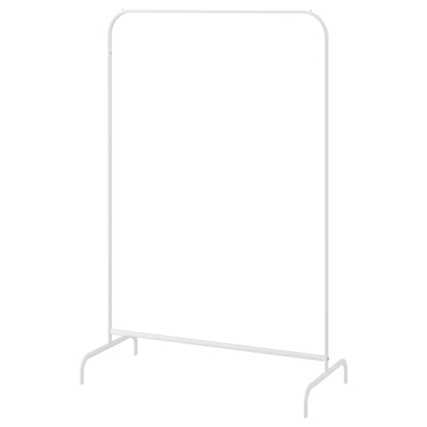 Minimalist white MULIG closet rack, rectangular, curved top, steel, plastic feet.