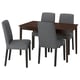 Dark brown dining table with four grey upholstered chairs.