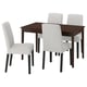 Dark wood square dining table with four light grey fabric chairs; modern, minimalist design.