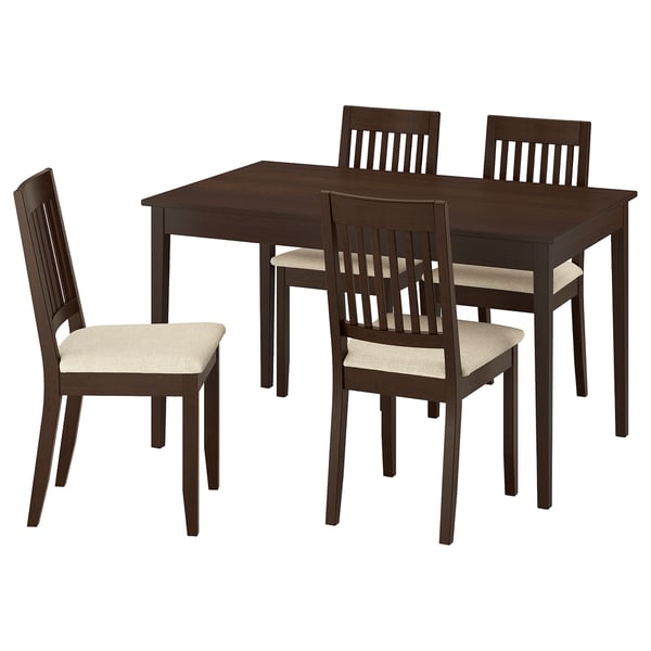 Dark brown wooden dining table with four matching chairs, beige cushioned seats.
