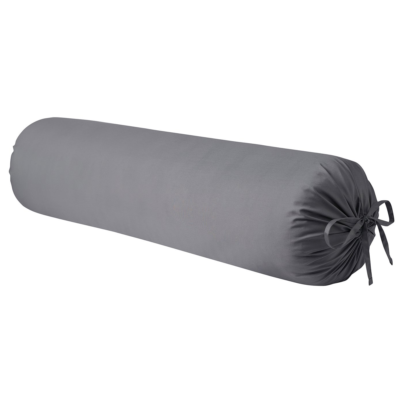 Grey cylindrical bolster pillow with a smooth, rolled design and a tied end, made from a blend of cotton and lyocell.