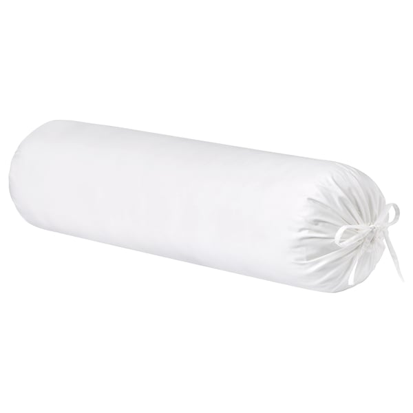 White silk-like bolster pillow, cylindrical shape, tied ends, luxurious decor.