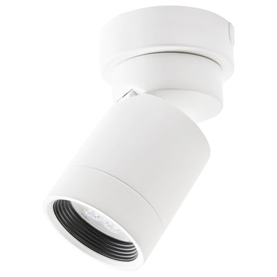 White NYMÅNE lamp, adjustable spot, aluminium shade, round design, ceiling mount.