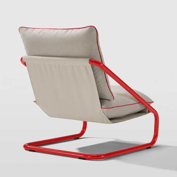 Modern chair with red metal frame, soft beige cushions, extra comfort.
