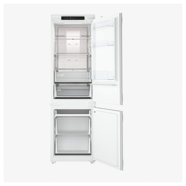 Fully opened white integrated fridge/freezer, showcasing shelves and compartments, modern and sleek.