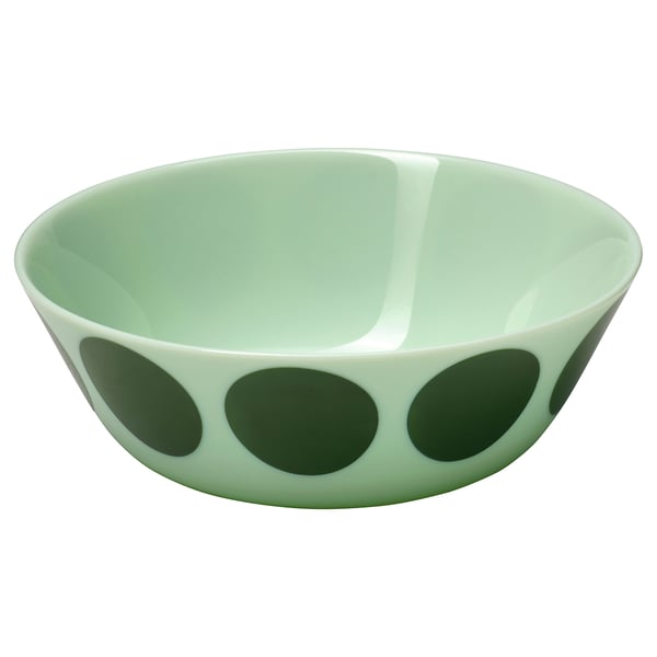 Ofast bowl - green glass, round shape, five black dots design.