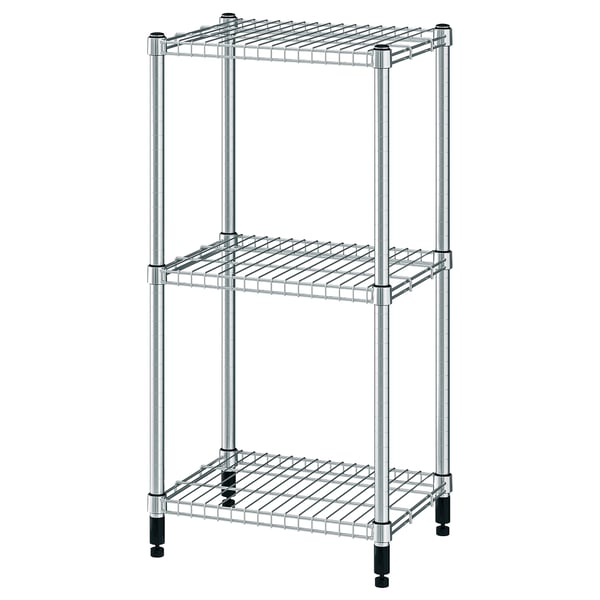 A silver-colored, three-tier metal OMAR shelving unit with adjustable feet for stability on uneven floors.