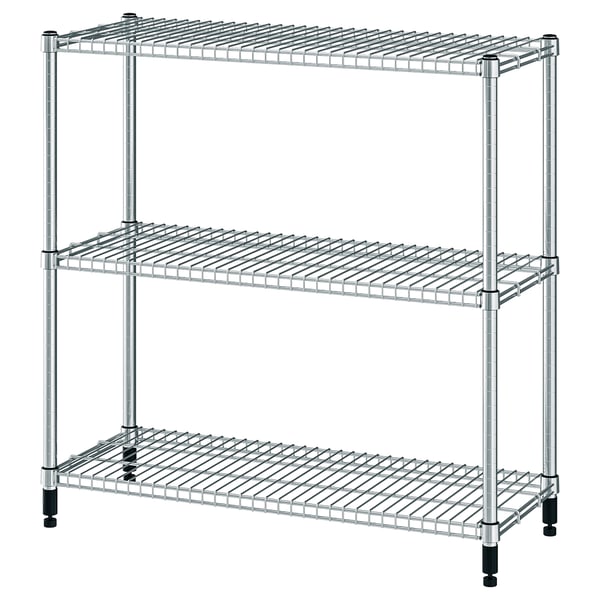 A silver, three-tiered metal storage shelf. Its designed for kitchens, bathrooms, or hallways with adjustable feet for stability on uneven floors.