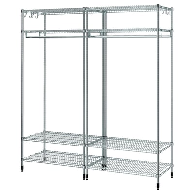 OMAR metal shelving unit in silver, adjustable racks and clothes rail for versatile storage.
