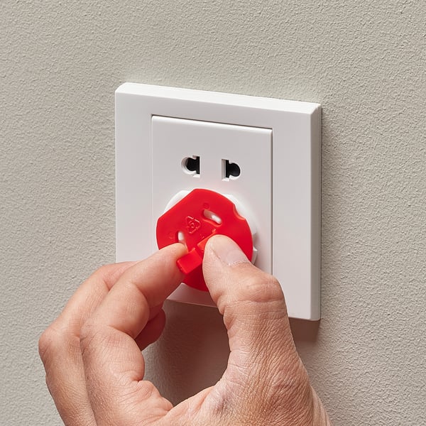Hand inserts red key into socket safety plug, securing childproof cover over electrical outlets.