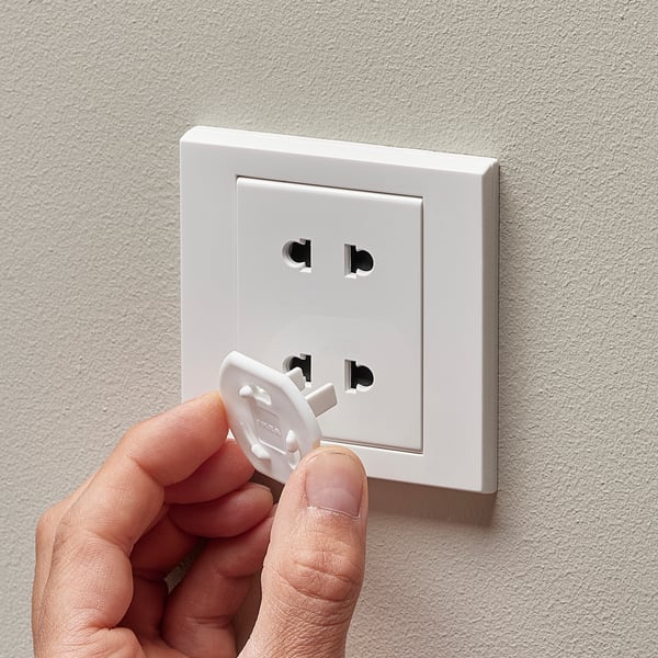 Hand holds key to unlock safety plug from wall socket. White plug blocks sockets holes for safety.