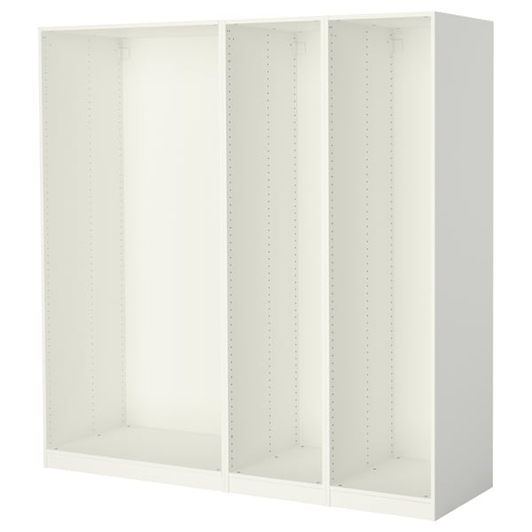 White PAX wardrobe; three sections, square, white panels.
