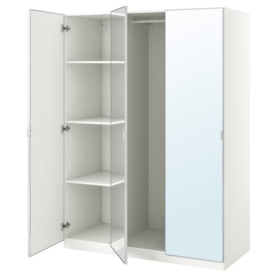 White ikea PAX wardrobe with mirrored doors and glass shelves.