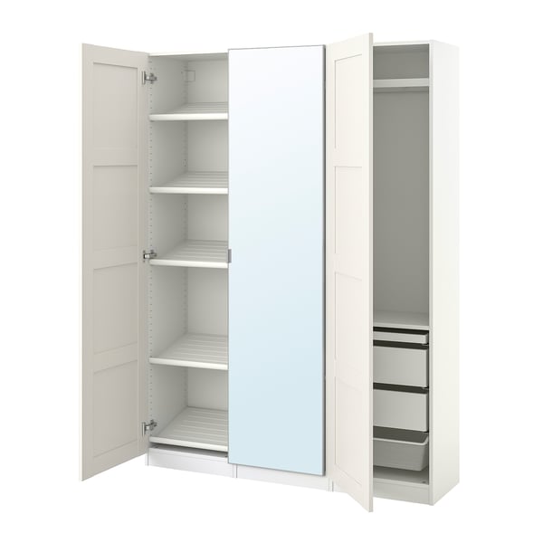 White PAX wardrobe with mirrored doors, shelves, and drawers.