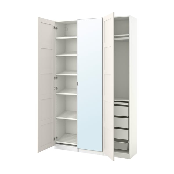 White PAX wardrobe with mirror, shelves, and drawers.