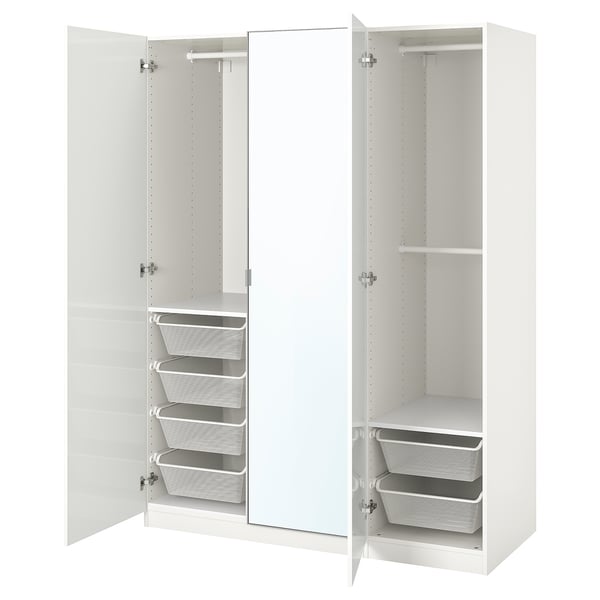 A white PAX wardrobe with open doors revealing metal mesh baskets inside. Its a functional and modern design.
