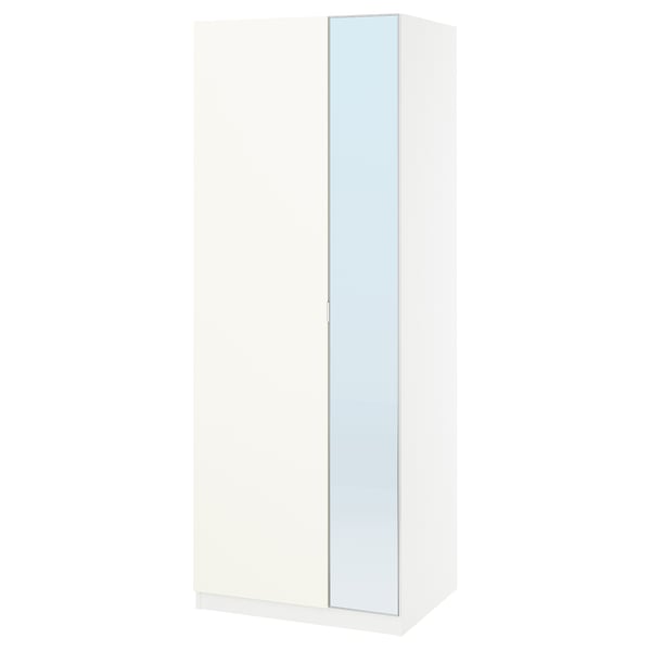 A white PAX wardrobe with mirrored doors, sleek and modern design, featuring soft-close hinges.