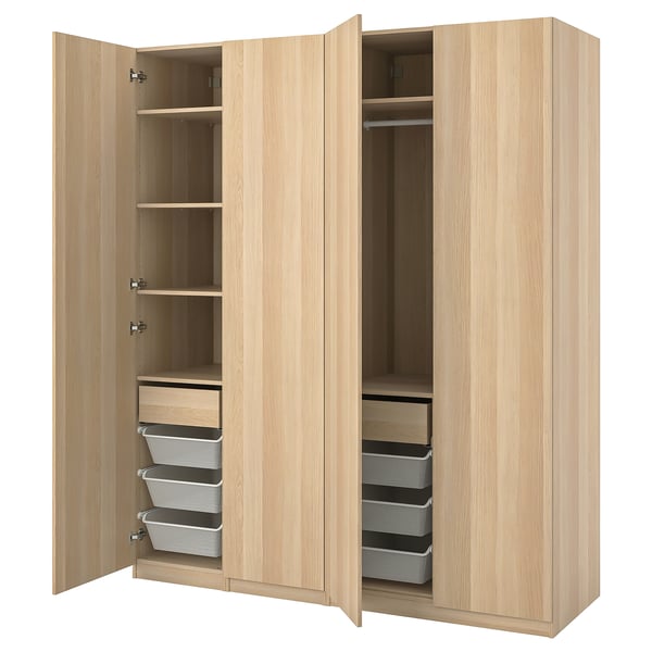 Light wood, PAX closet, 3 sections: left shelves, middle empty, right drawers.