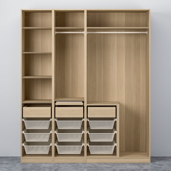 Wooden closet with shelves, drawers, and hanging rod. Designed formixing kids’ toys and clothes with adjustable feet and dampened hinges.