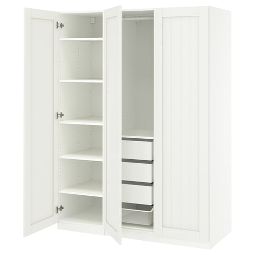 White PAX wardrobe with open doors, adjustable shelves, mesh basket, modern design.
