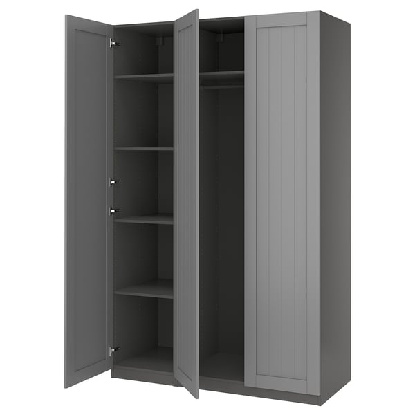 Grey PAX wardrobe, tall and slim, open doors reveal empty shelves, modern design, wooden material.