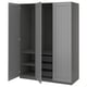 A grey PAX wardrobe with open doors, displaying shelves and a mesh drawer.