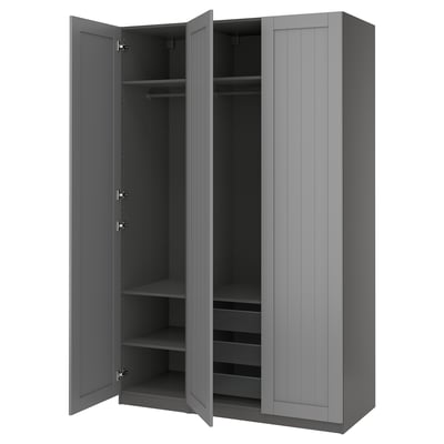 Grey PAX wardrobe, open doors revealing shelves and hanging rod, flat design.