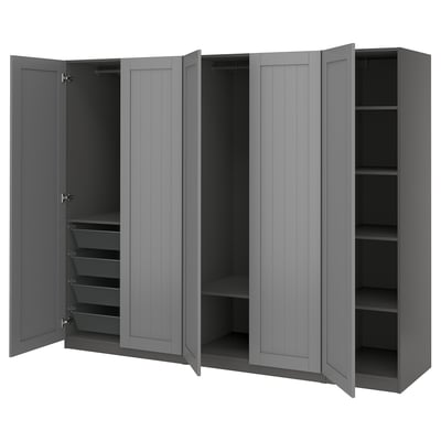 Grey PAX wardrobe with open doors, shelves, and mesh baskets.