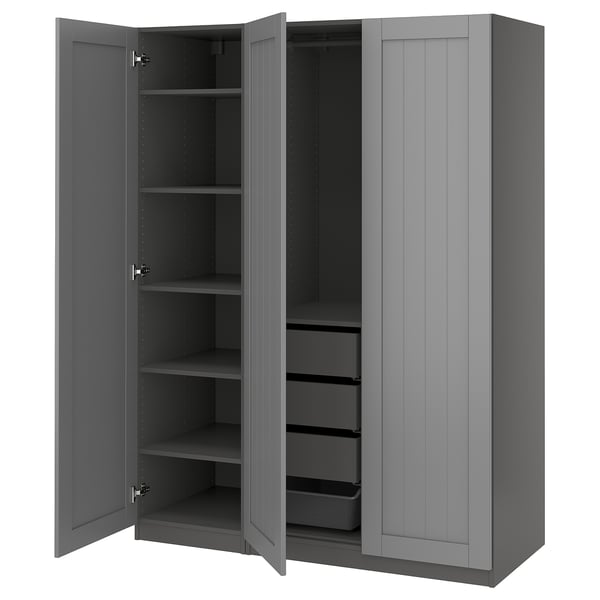 Grey PAX wardrobe with shelves & drawers, modern minimalist design.