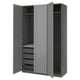 A grey PAX wardrobe with open doors, revealing adjustable shelves and drawers. It offers ample storage space and has a modern design.