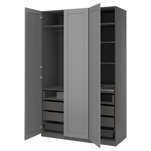 Grey PAX wardrobe, open showing shelves, drawers, and rail. Modern, minimalist design.
