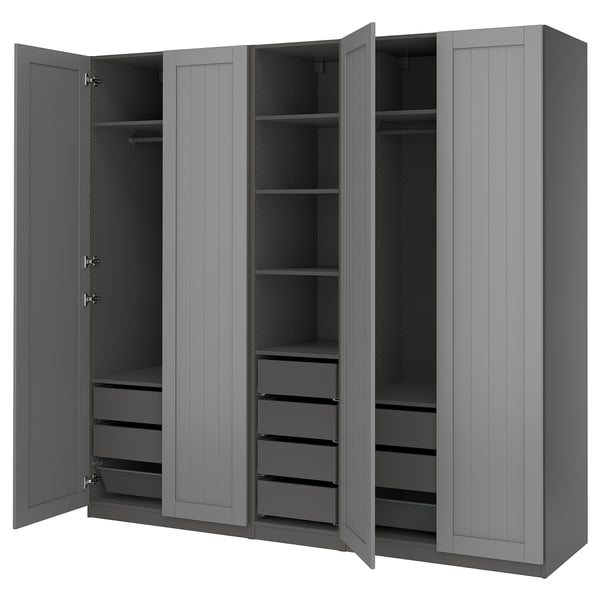 A grey PAX wardrobe with multiple storage compartments including shelves and drawers.