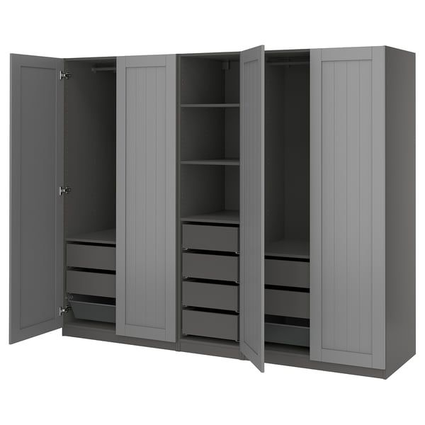 Grey PAX wardrobe with 2 doors open, shelves, drawers, and mesh baskets.