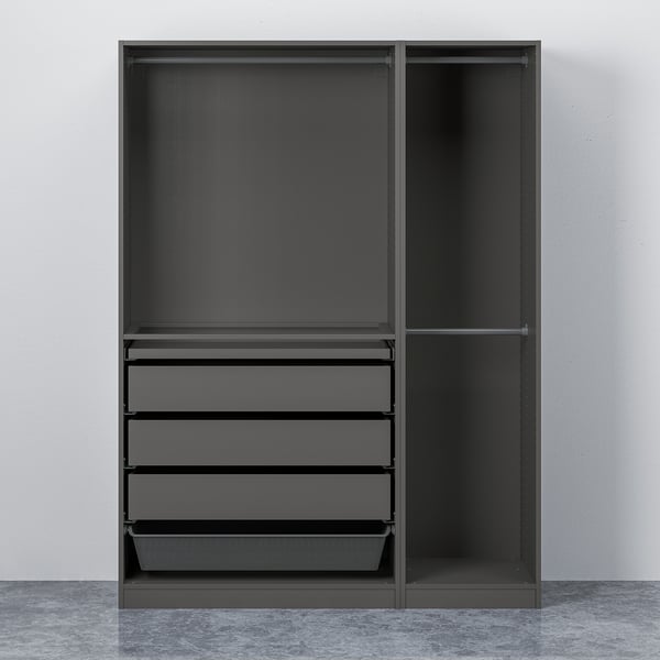 Black PAX wardrobe with shelves, drawers, mesh basket and hanging rail.