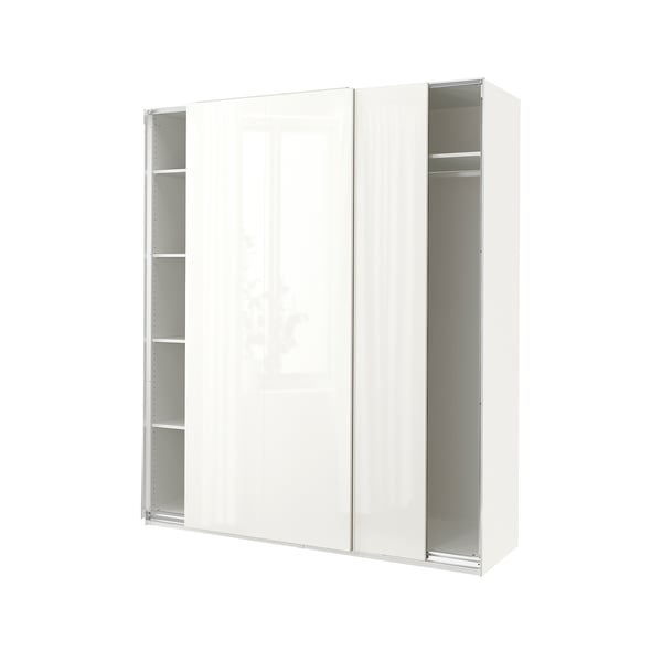 A white PAX wardrobe with sliding doors and shelves.