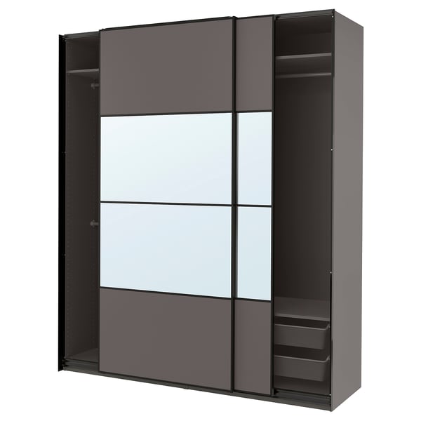 Modern PAX wardrobe in dark grey with mirrored doors and interior storage baskets.