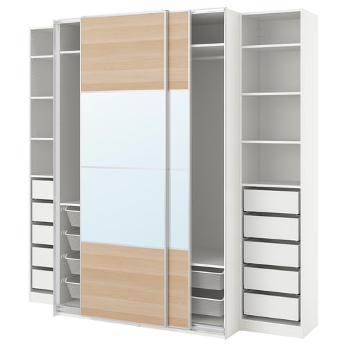 Modern white PAX wardrobe with light wood doors, mirrored centre, shelves, and drawers.