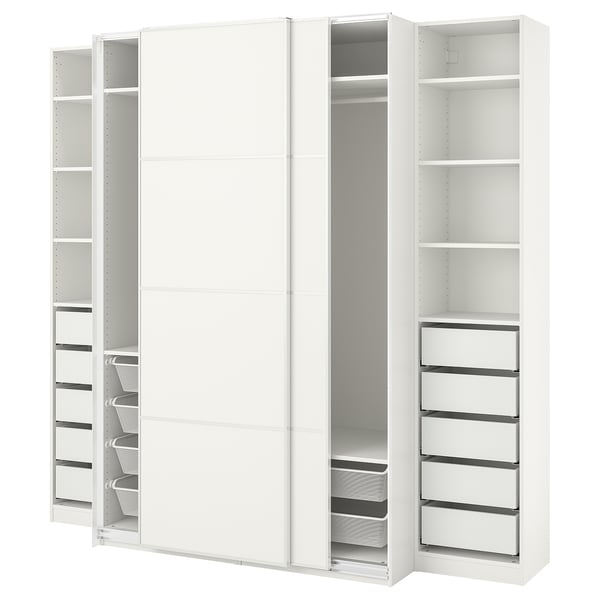 White PAX wardrobe with sliding doors, mesh baskets, and adjustable shelves for organised storage.