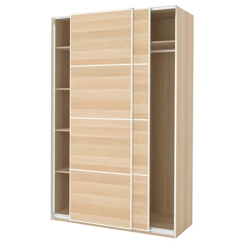 Light wood PAX wardrobe. Tall, rectangular, sliding doors. Four shelves inside.
