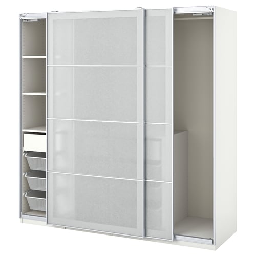 White PAX wardrobe with glass doors, sliding rails, and inner shelves.