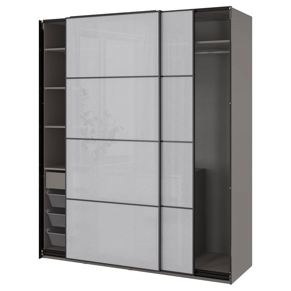 Modern grey sliding closet with mesh drawers and shelves.