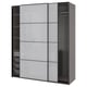 Modern grey sliding closet with mesh drawers and shelves.